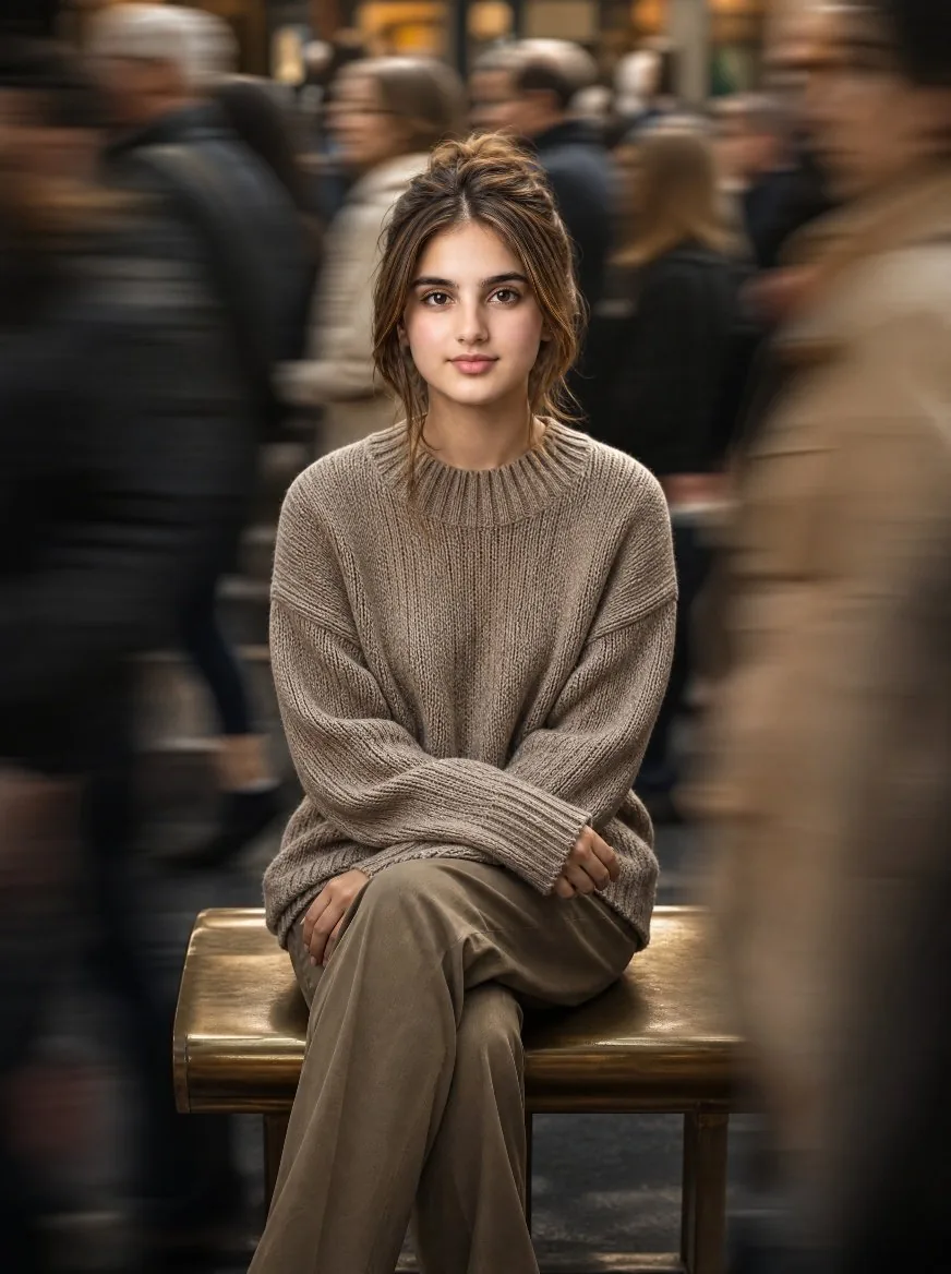 Cinematic Stillness in Motion Street Portrait reference