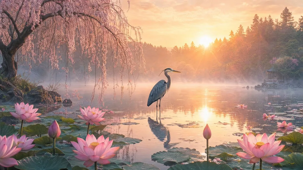 Misty Lotus Pond Heron Sunrise reference