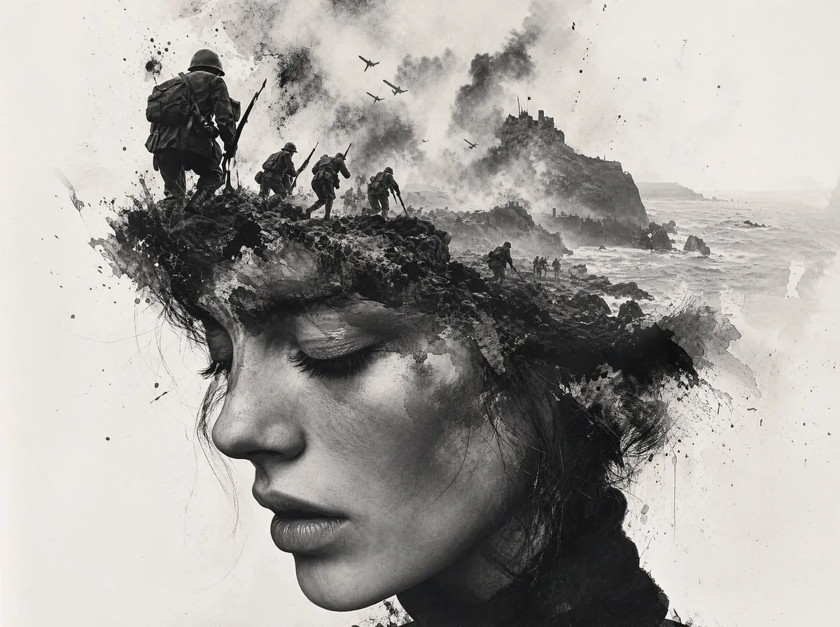 Black-and-White Wartime Ink Scene reference