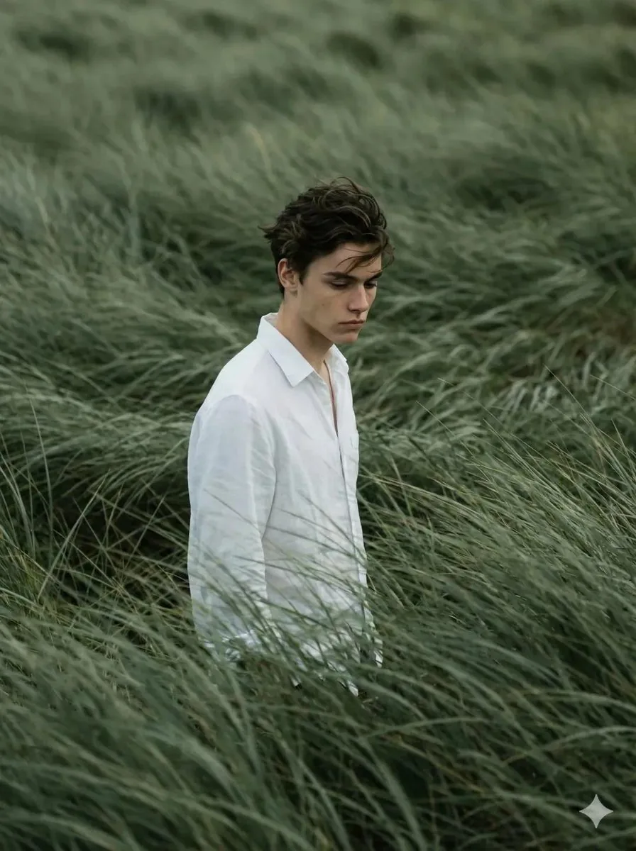 Cinematic Editorial Portrait in Wind-Swept Grass Fields - Nano Banana Pro AI Prompt for Social Media Post reference