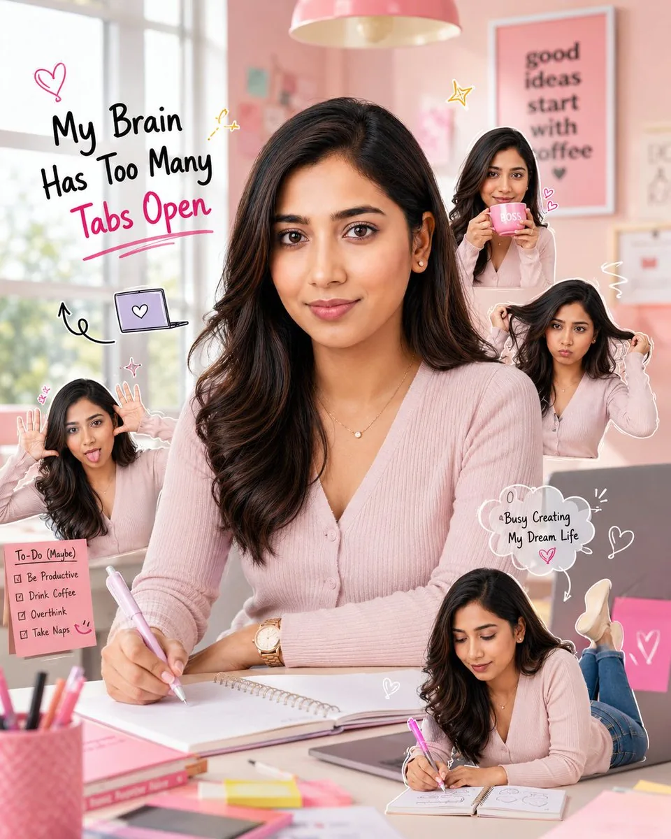 Creative Pink Office Portrait with Chibi Characters reference