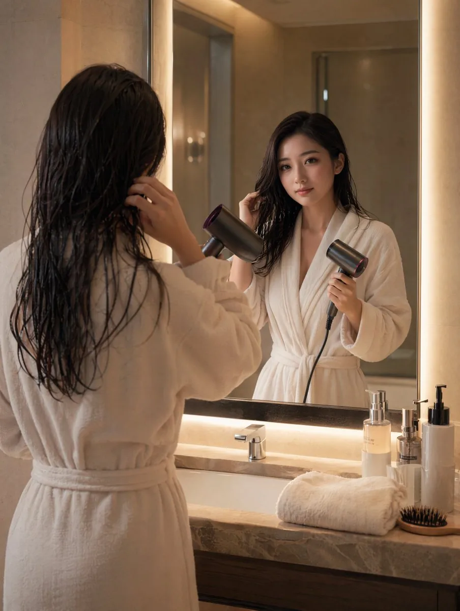Morning Hair Drying Bathroom Scene reference