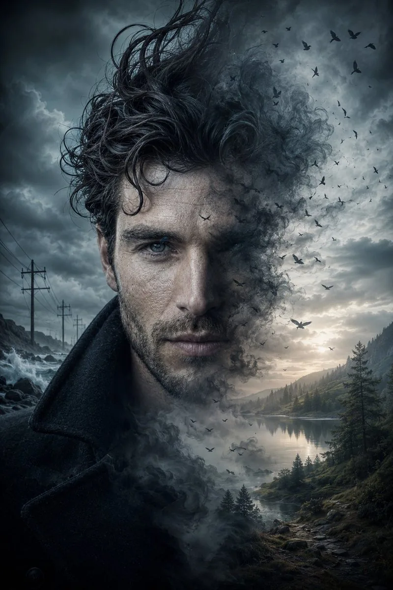 Cinematic Double Exposure Storm Portrait reference