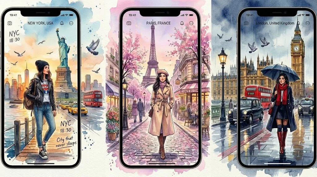 Watercolor Travel App Phone Mockups reference