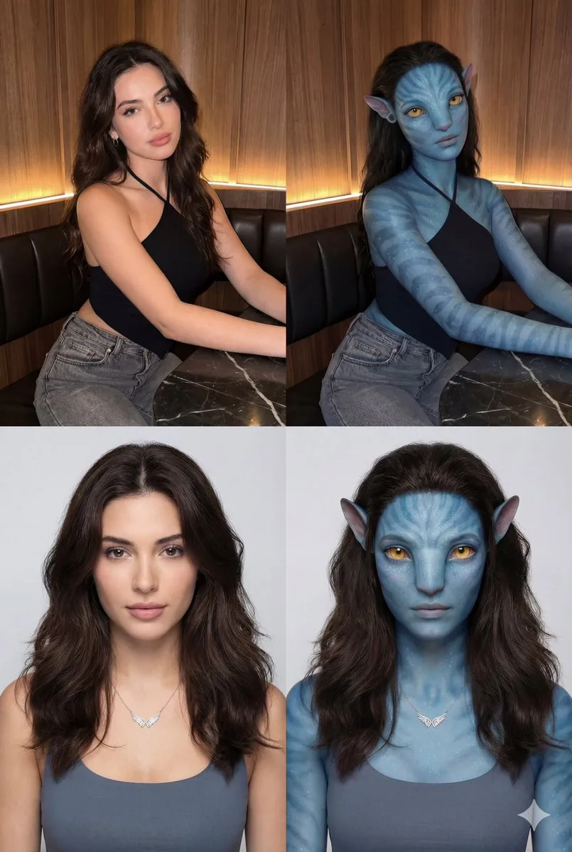 Human to Na'vi Transformation Grid Prompt - Nano Banana Pro AI Prompt for Social Media Post reference