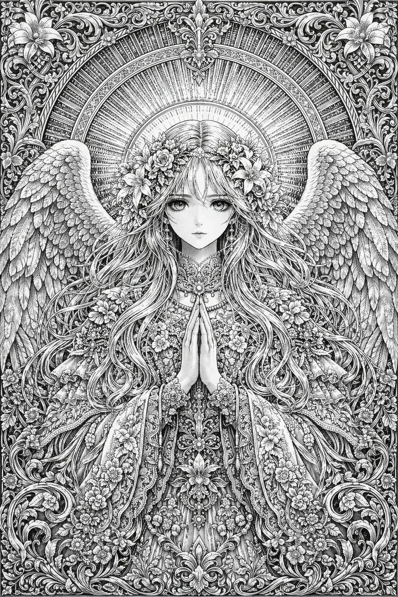 Intricate Monochrome Angel Line Art reference
