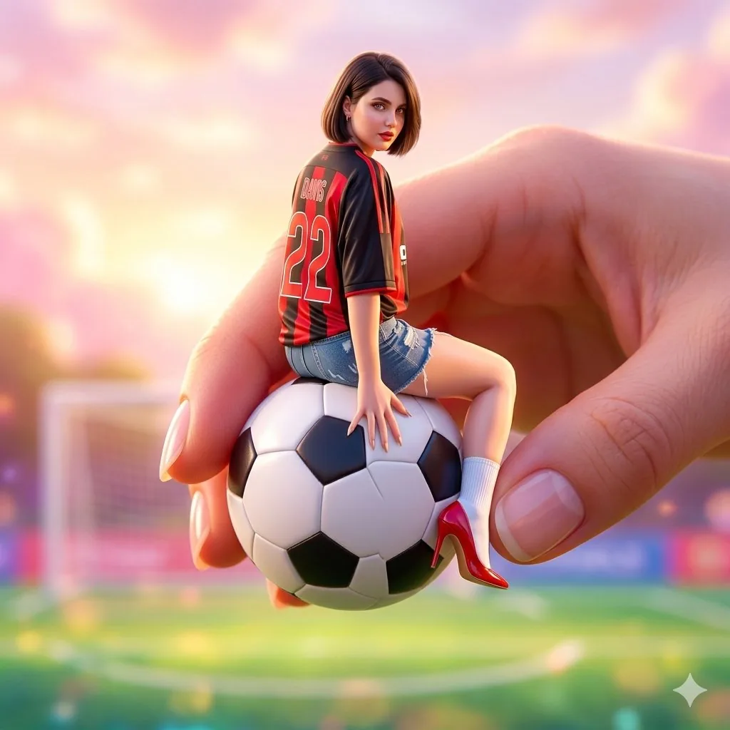 Miniature Fashionable Girl on Soccer Ball reference