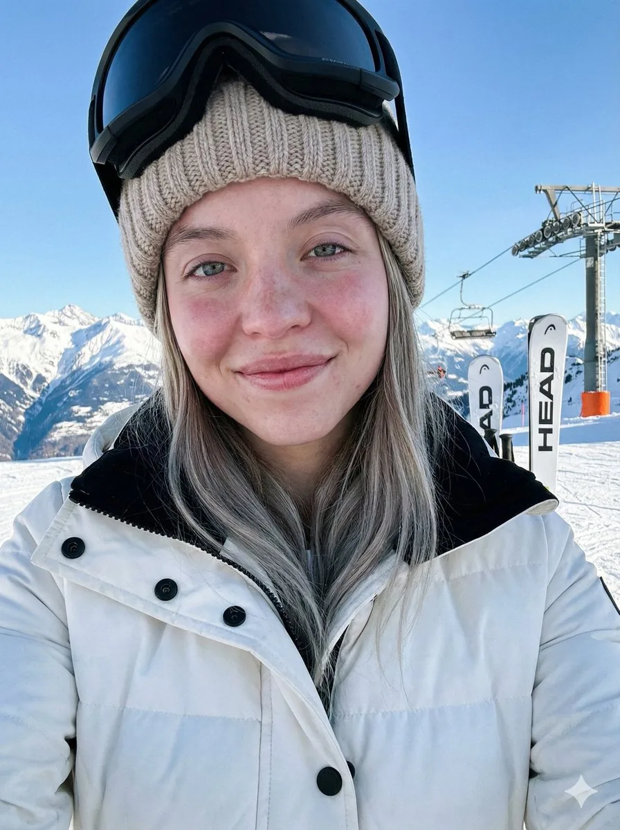 Sydney Sweeney Ski Vacation Selfie Portrait - Nano Banana Pro AI Prompt for Social Media Post reference