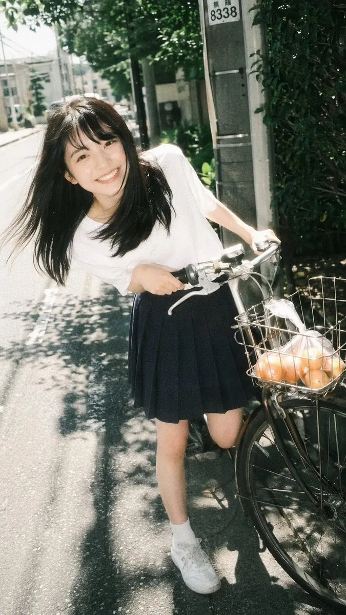 Vintage Film Portrait of Girl with Bicycle reference