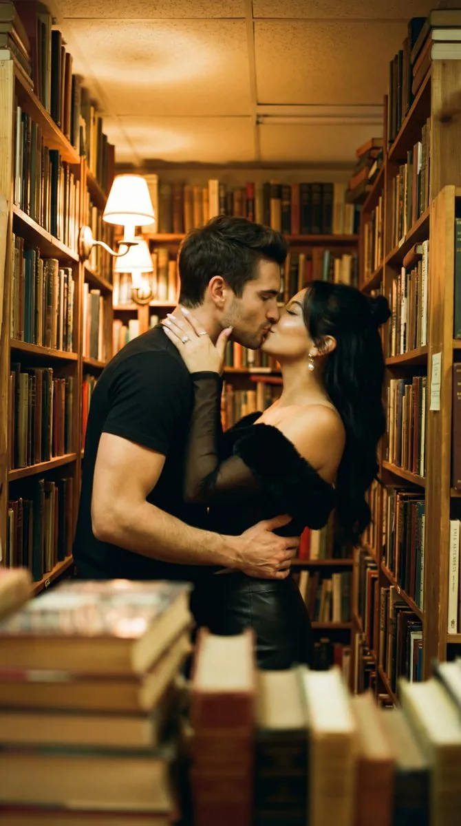 Photorealistic Cinematic Kiss in a Cozy Bookstore Aisle - Nano Banana Pro AI Prompt for Social Media Post reference