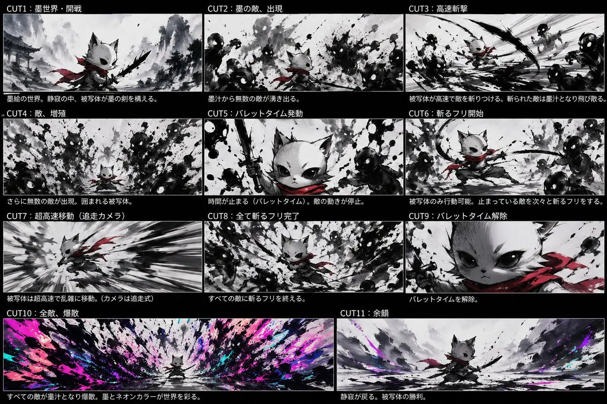 Ink Neon Cat Samurai Storyboard reference