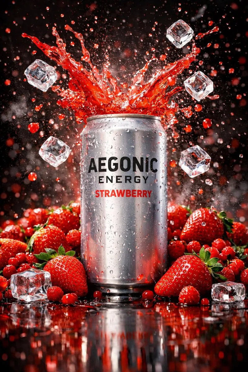 Cinematic Product Photography Prompt: Strawberry Energy Drink Explosion - Nano Banana Pro AI Prompt for Product Marketing reference