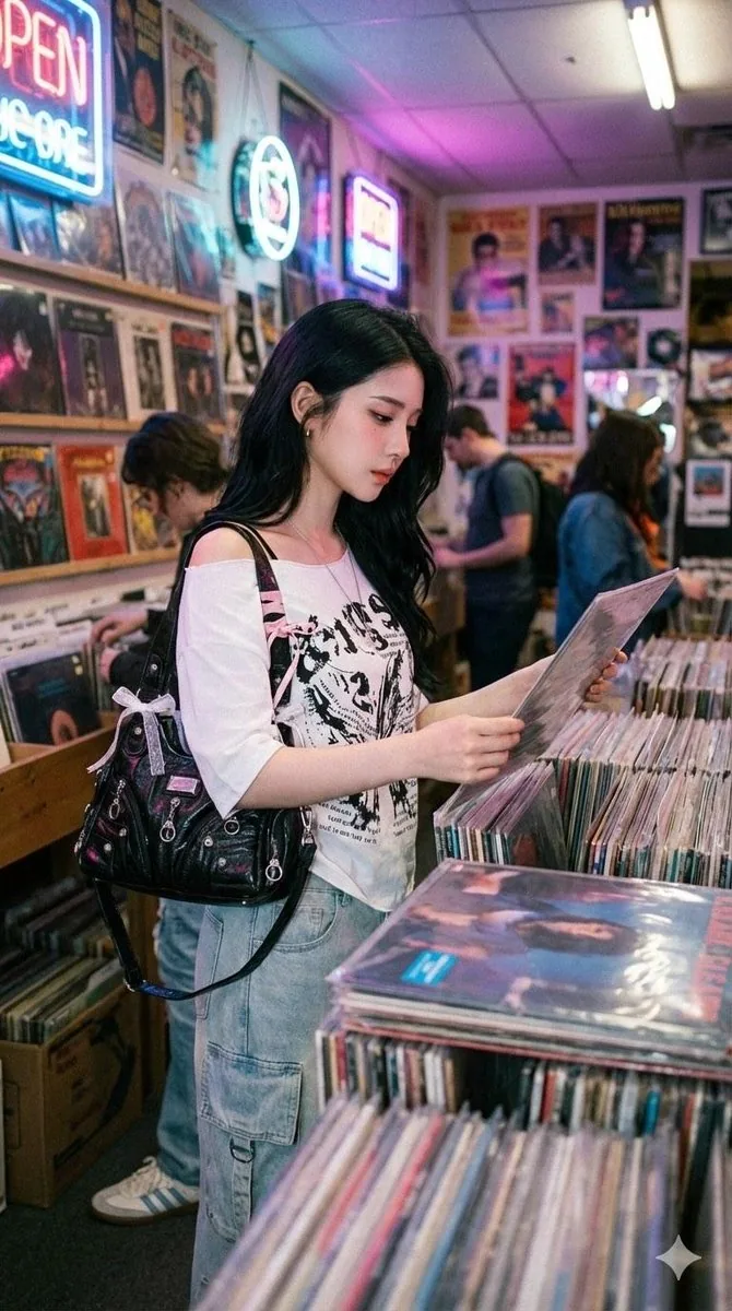 Y2K Coquette Streetwear in a Vintage Record Store - Nano Banana Pro AI Prompt for Social Media Post reference