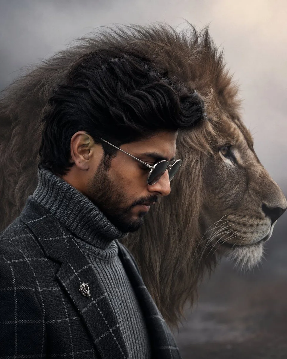 Cinematic Fashion Portrait with Lion reference