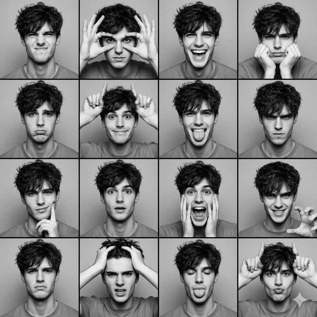 Black and White Photobooth Expression Grid (4x4) - Nano Banana Pro AI Prompt for Profile / Avatar reference