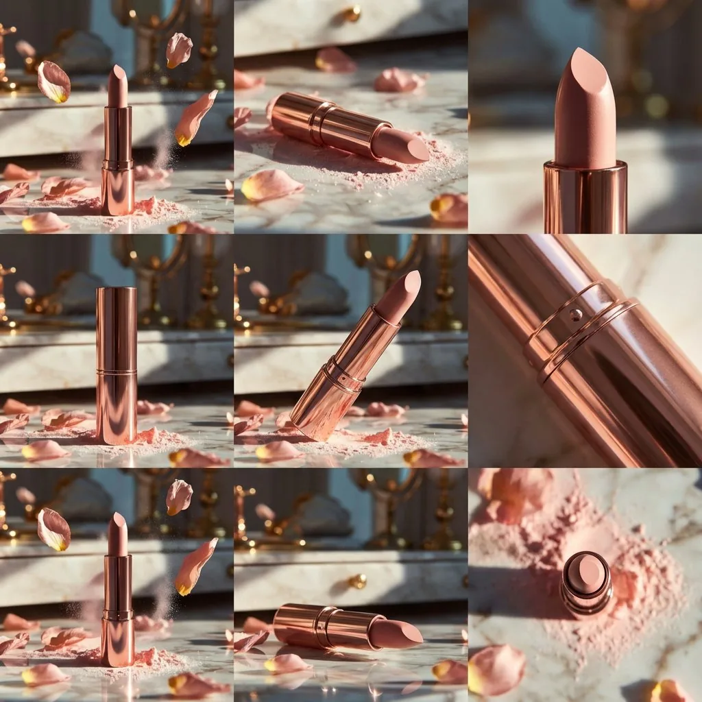 Macro product photography of rose-gold lipstick reference