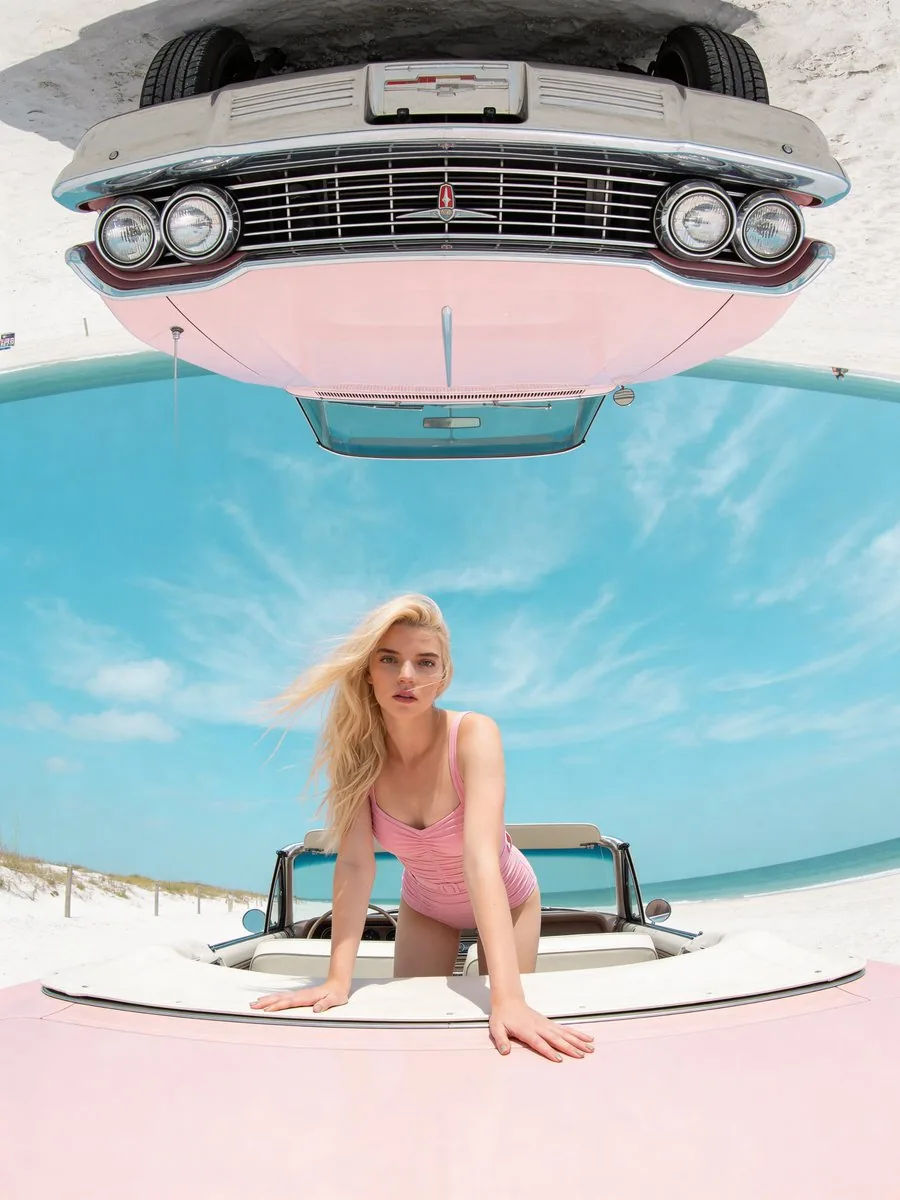 Ultra Photorealistic Image Prompt: Anya Taylor-Joy Lookalike in Retro Pink Swimsuit on a Vintage Car - Nano Banana Pro AI Prompt for Social Media Post reference