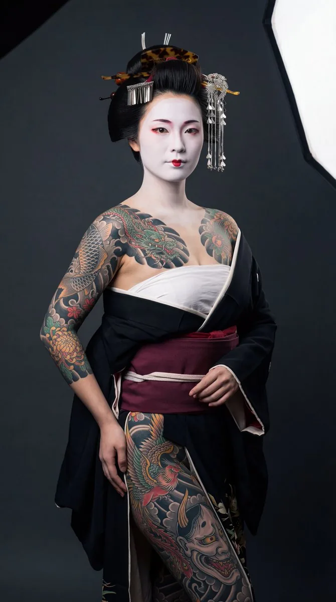 High-Contrast Geisha Irezumi Portrait Prompt - Nano Banana Pro AI Prompt for Product Marketing reference