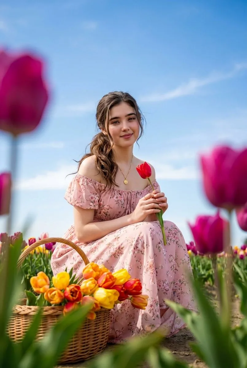 Brunette Woman in Tulip Field Portrait reference