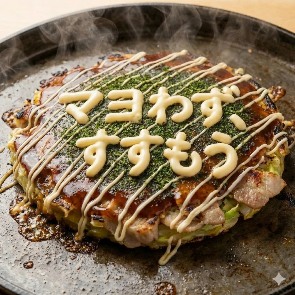 Close-up 1:1 image of hot okonomiyaki reference