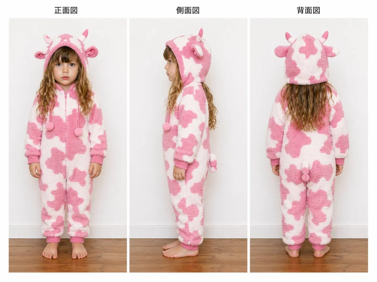 Child Cow Onesie Three-View Sheet reference