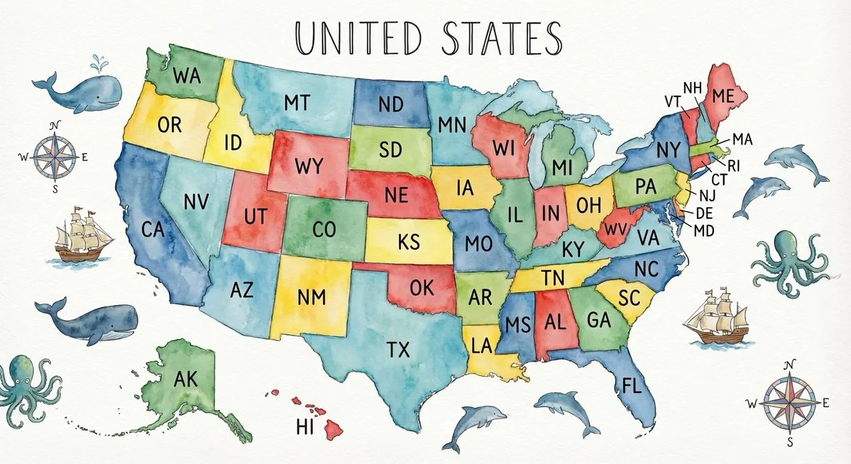 Watercolor US map with state abbreviations reference