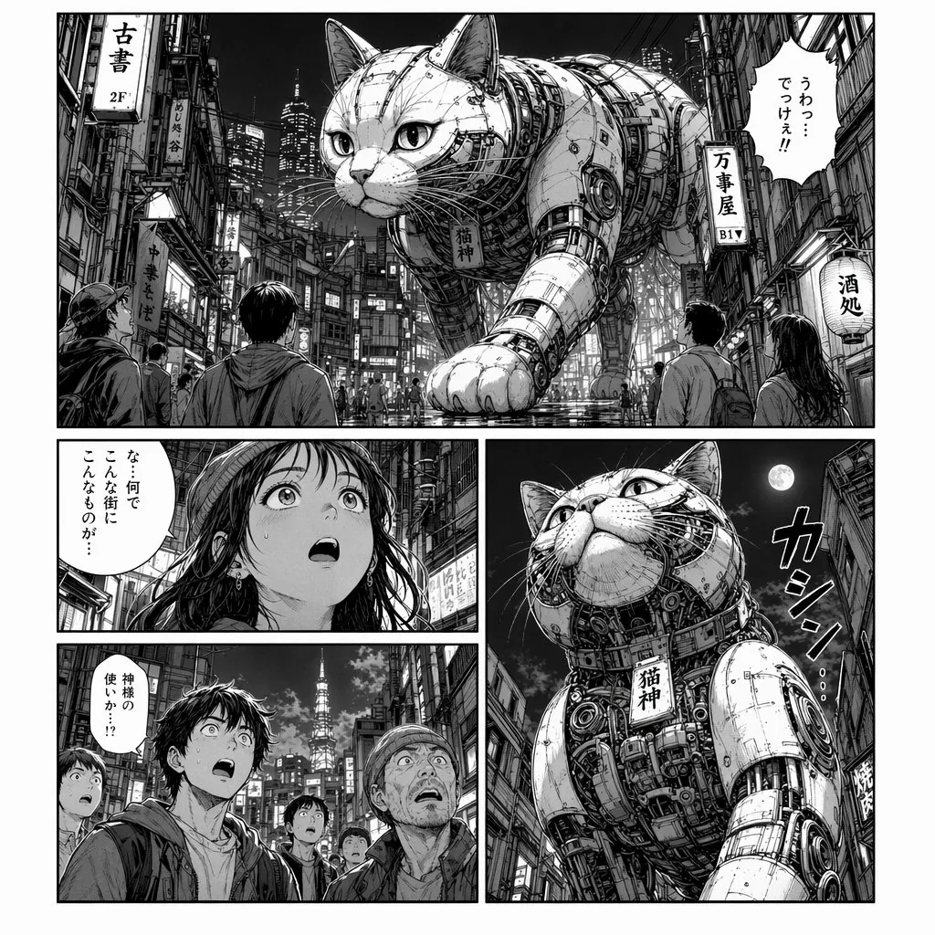Cyberpunk Manga Page of a Giant Robot Cat reference