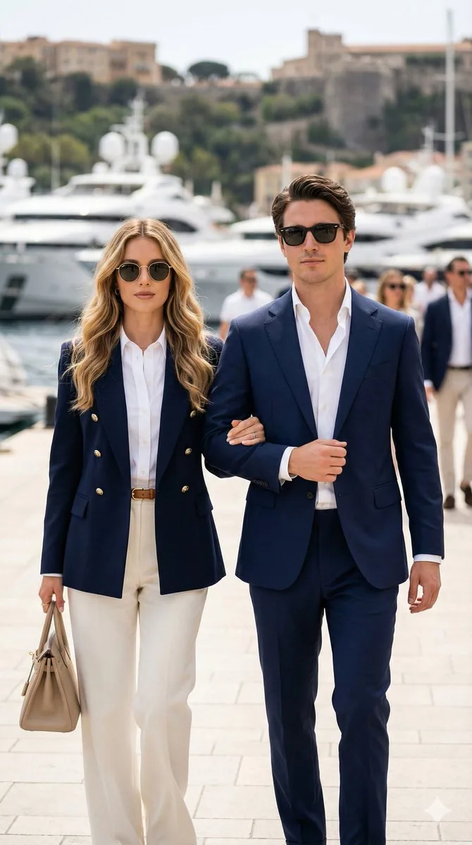 Quiet Luxury Couple on a Marina Promenade - Nano Banana Pro AI Prompt for Social Media Post reference