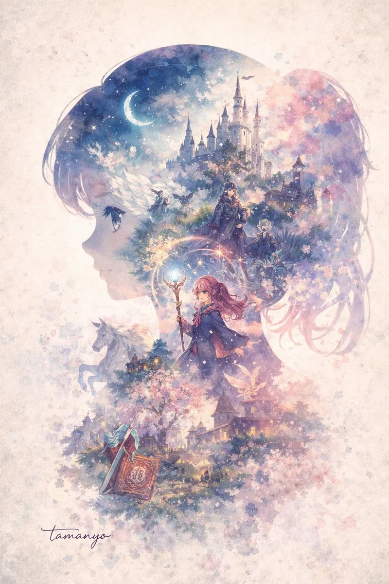 Watercolor Double-Exposure Fantasy Silhouette reference