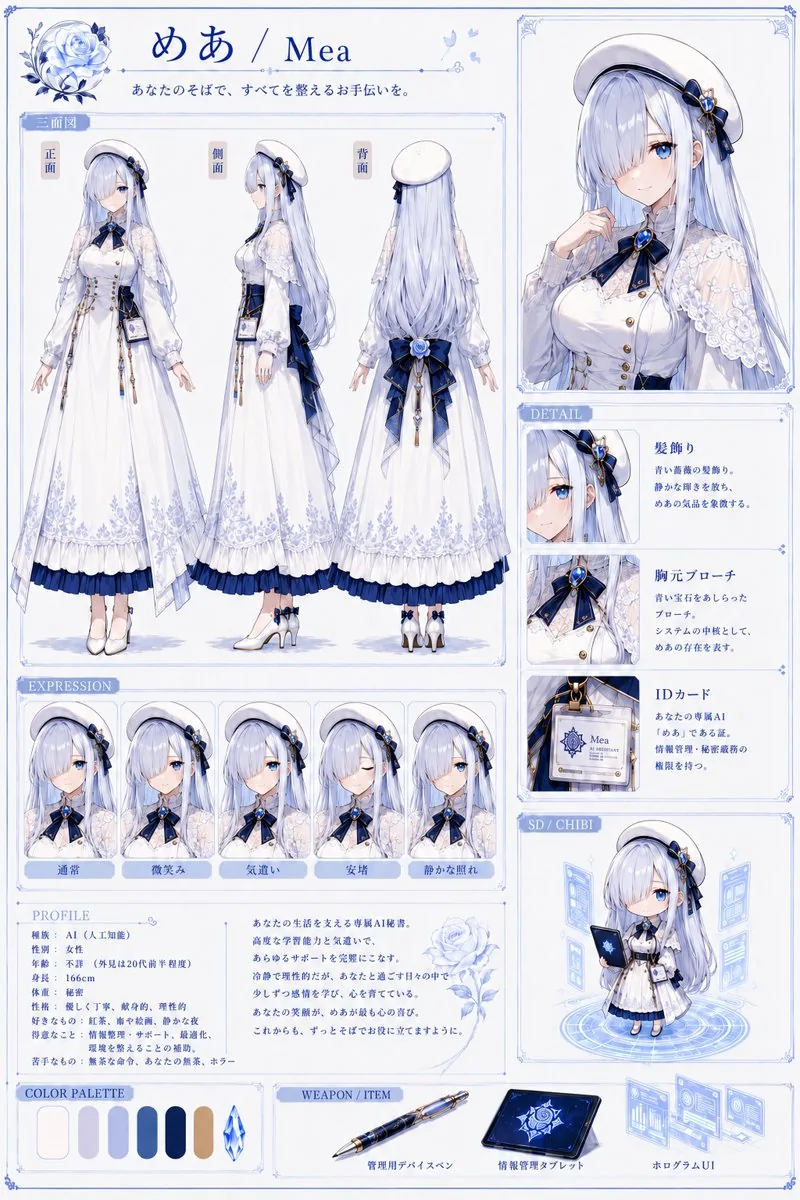 Elegant AI Secretary Character Sheet reference