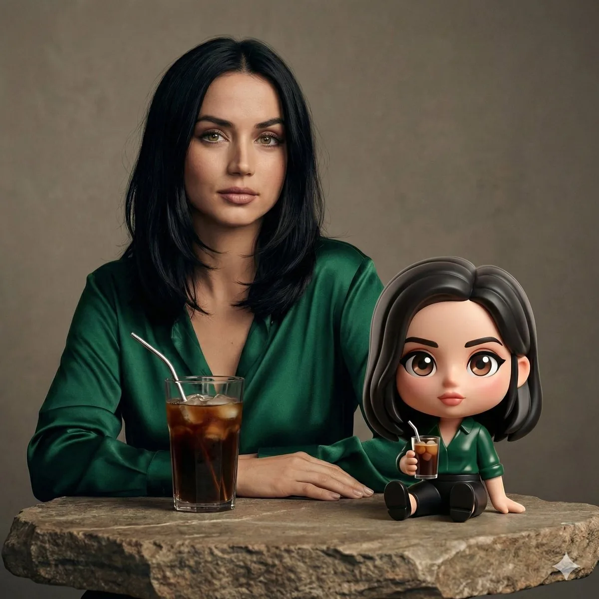 Cinematic Studio Portrait of Ana de Armas with Chibi Figure - Nano Banana Pro AI Prompt for Product Marketing reference