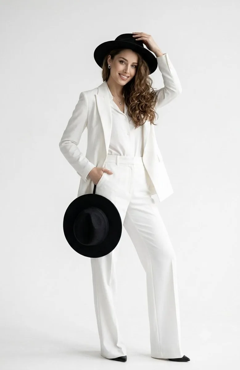 Elegant White Pantsuit Studio Portrait reference