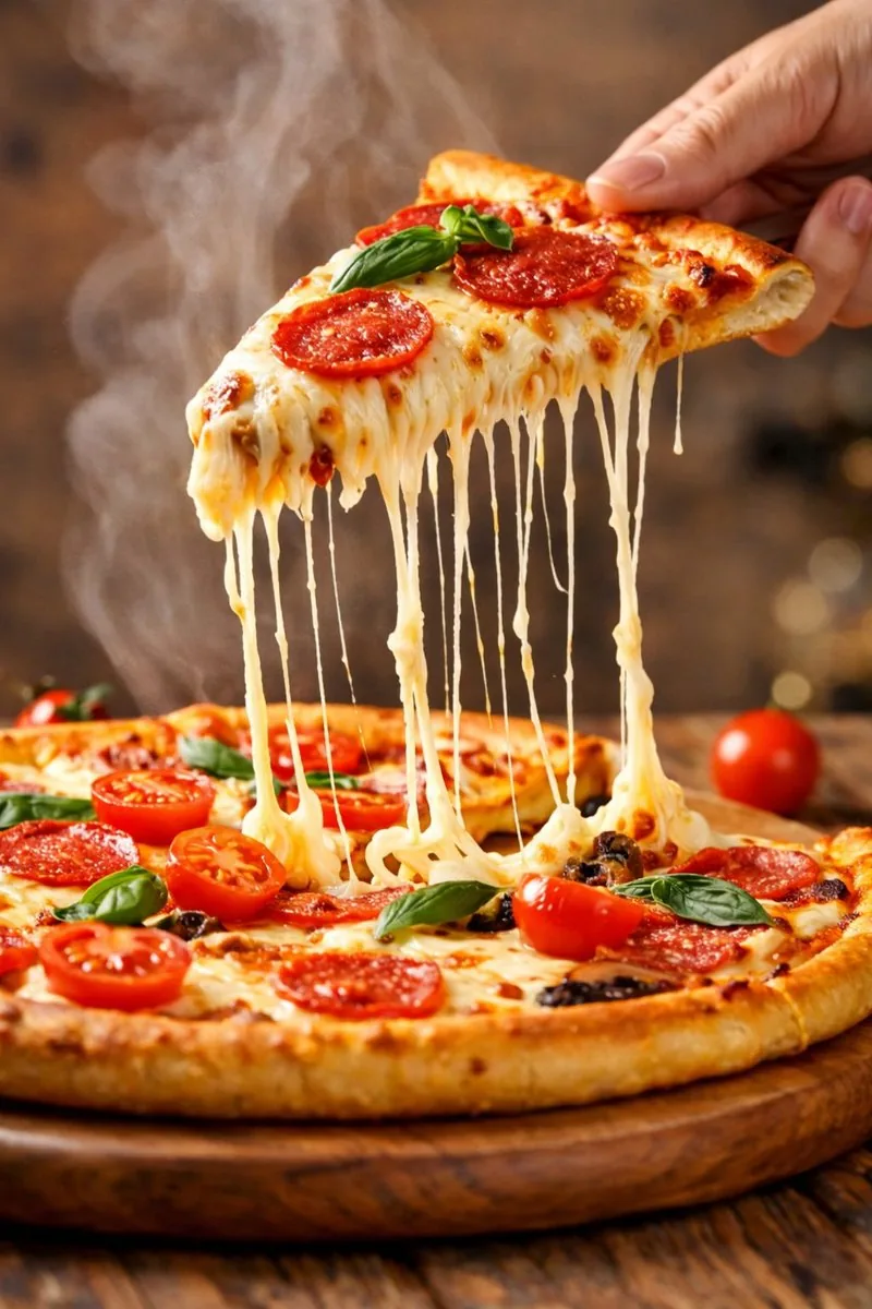 Hyper-realistic close-up of a pepperoni pizza slice with dramatic cheese pull reference