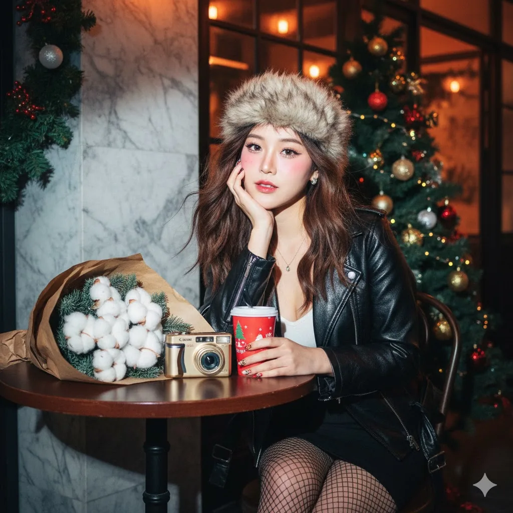 Y2K Flash Portrait at Christmas Cafe - Nano Banana Pro AI Prompt for Social Media Post reference