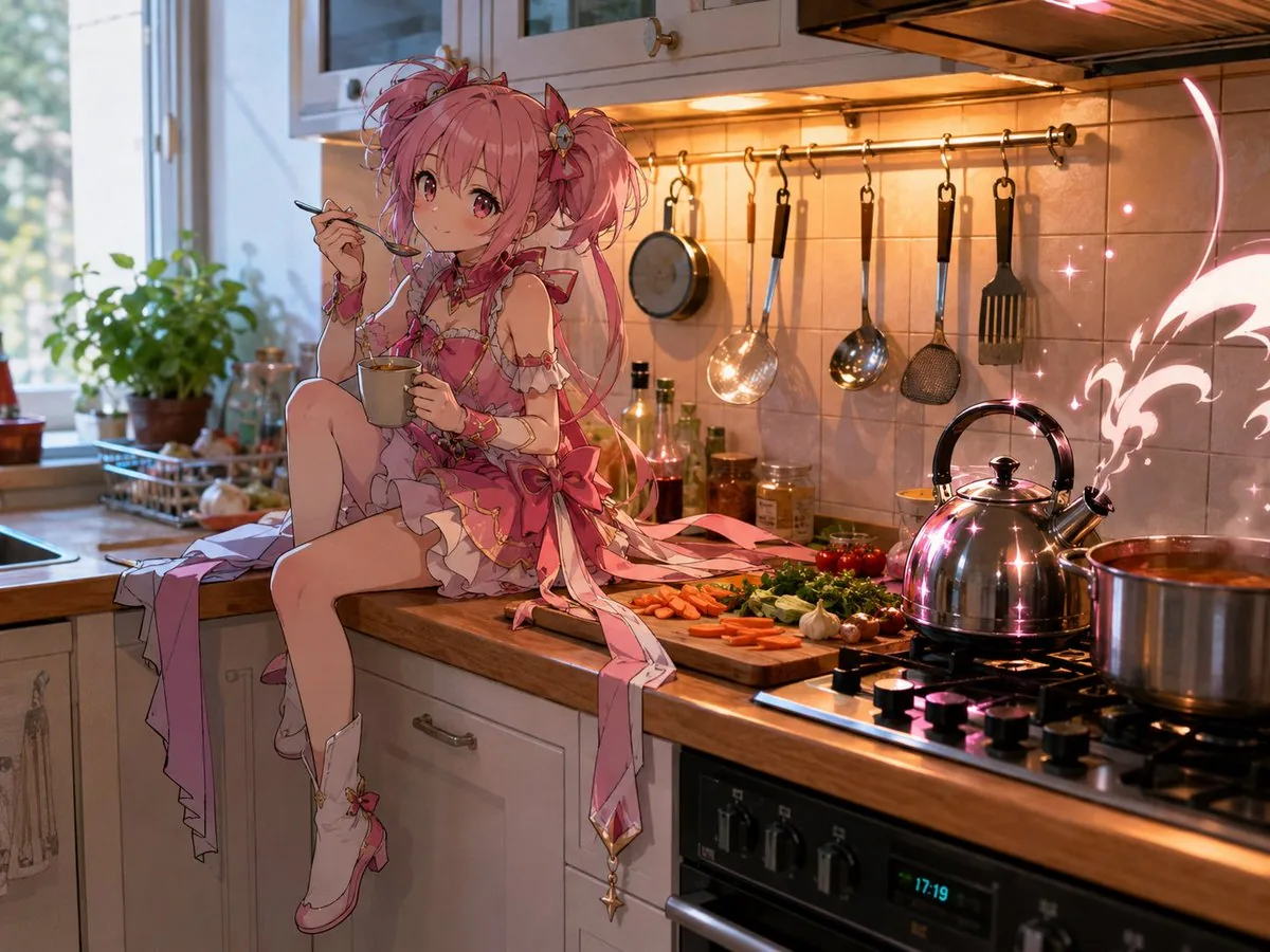 Magical Girl in Cozy Kitchen reference