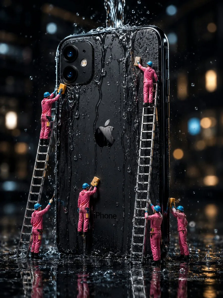 Mini Workers Washing Giant iPhone reference