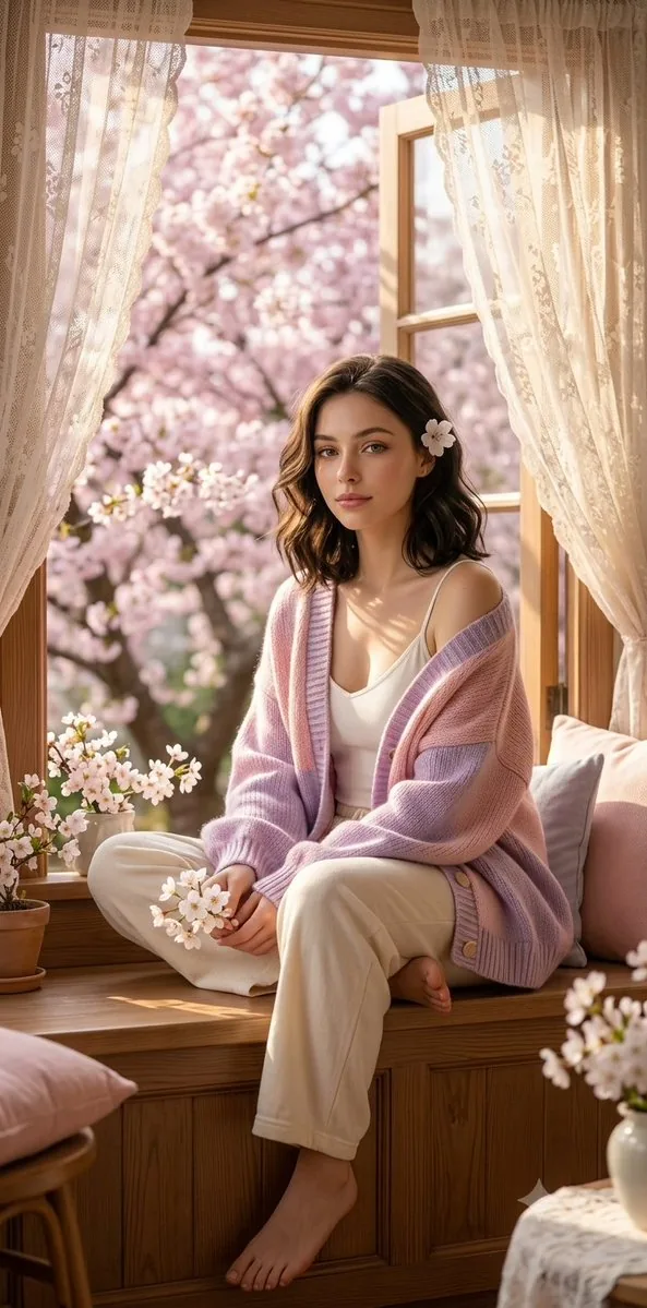 Spring Window Seat Cardigan Portrait - Nano Banana Pro AI Prompt for Social Media Post reference