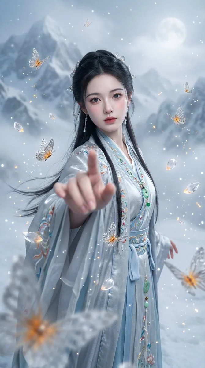 Chinese Xianxia Fantasy Portrait with Cold Tones and Magic Effects reference