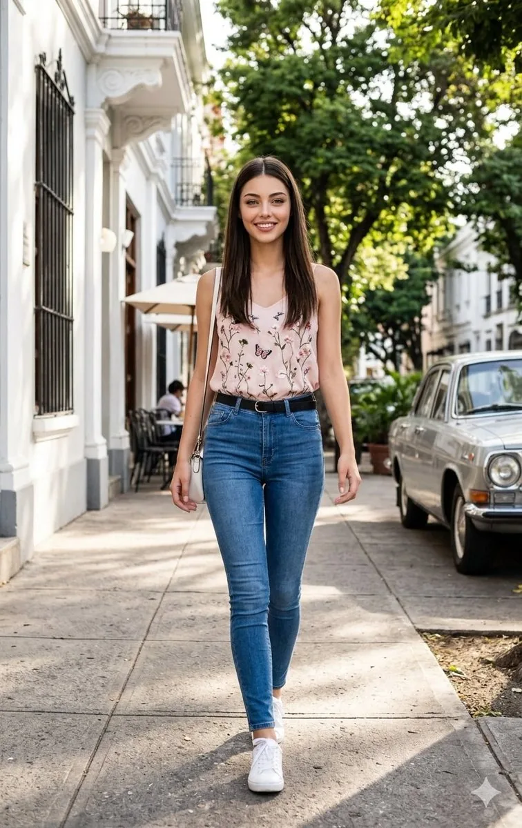 Woman Walking on City Sidewalk - Nano Banana Pro AI Prompt for Social Media Post reference