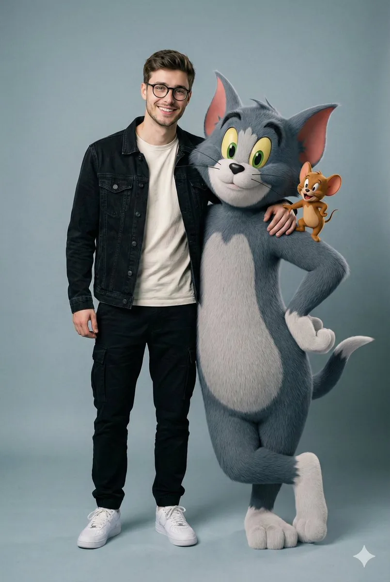 Hyper-realistic image prompt featuring a person with Tom and Jerry in a studio setting reference