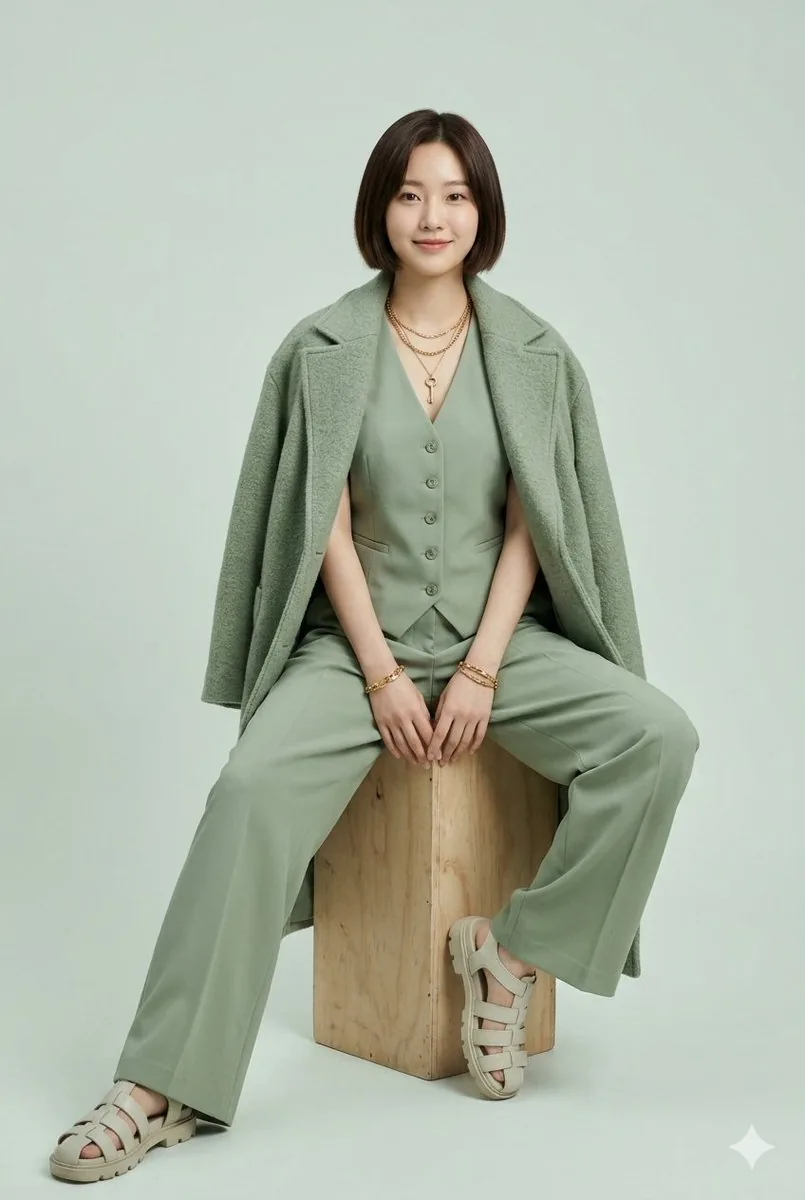 Monochrome Sage Green Fashion Lookbook - Nano Banana Pro AI Prompt for Product Marketing reference
