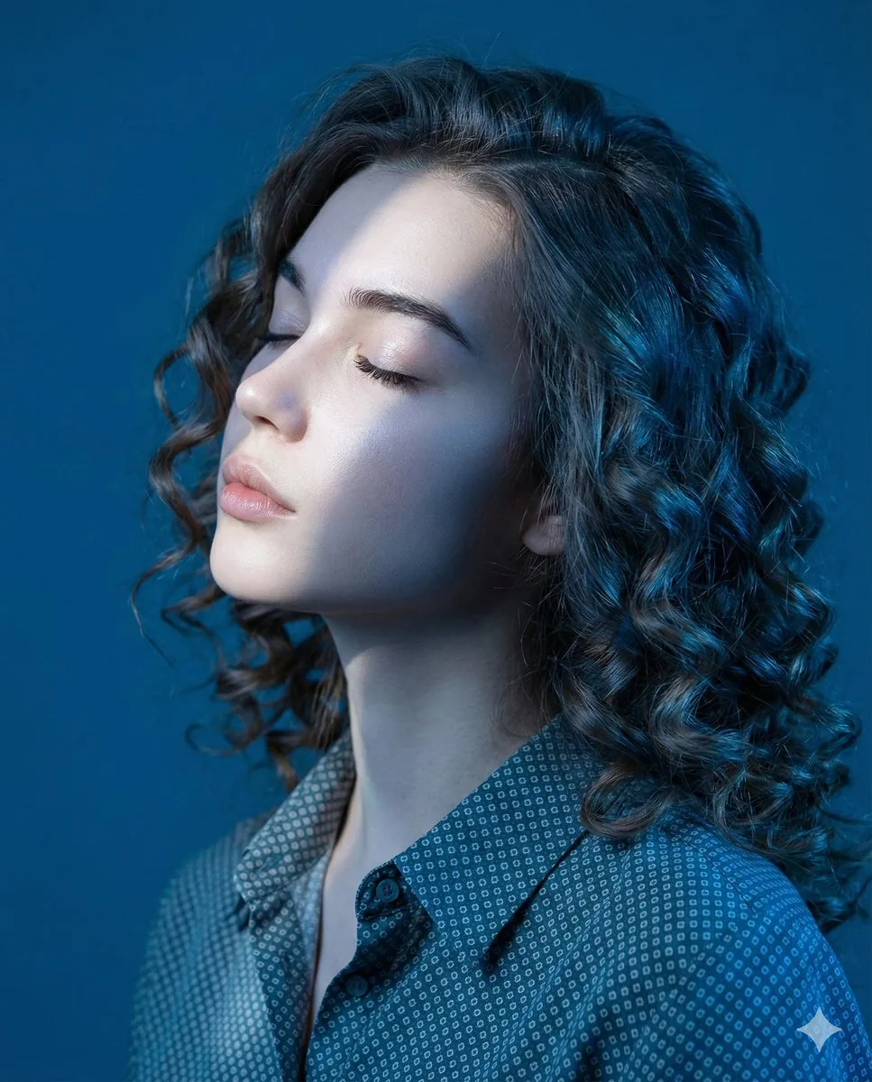 Editorial Profile Portrait in Dramatic Blue Light - Nano Banana Pro AI Prompt for Social Media Post reference