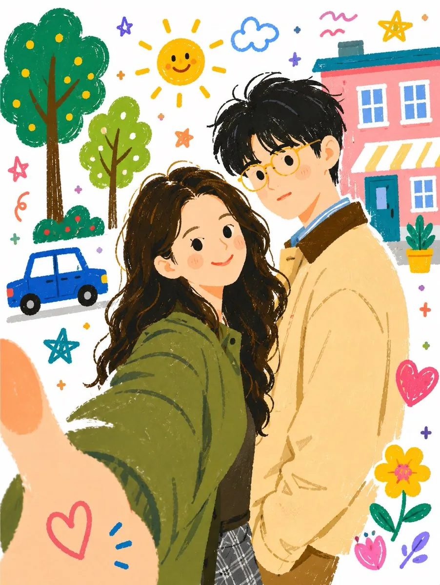 Whimsical Couple Selfie Illustration reference
