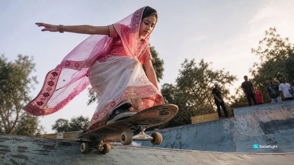 Skateboarding Girl in Traditional Sari reference