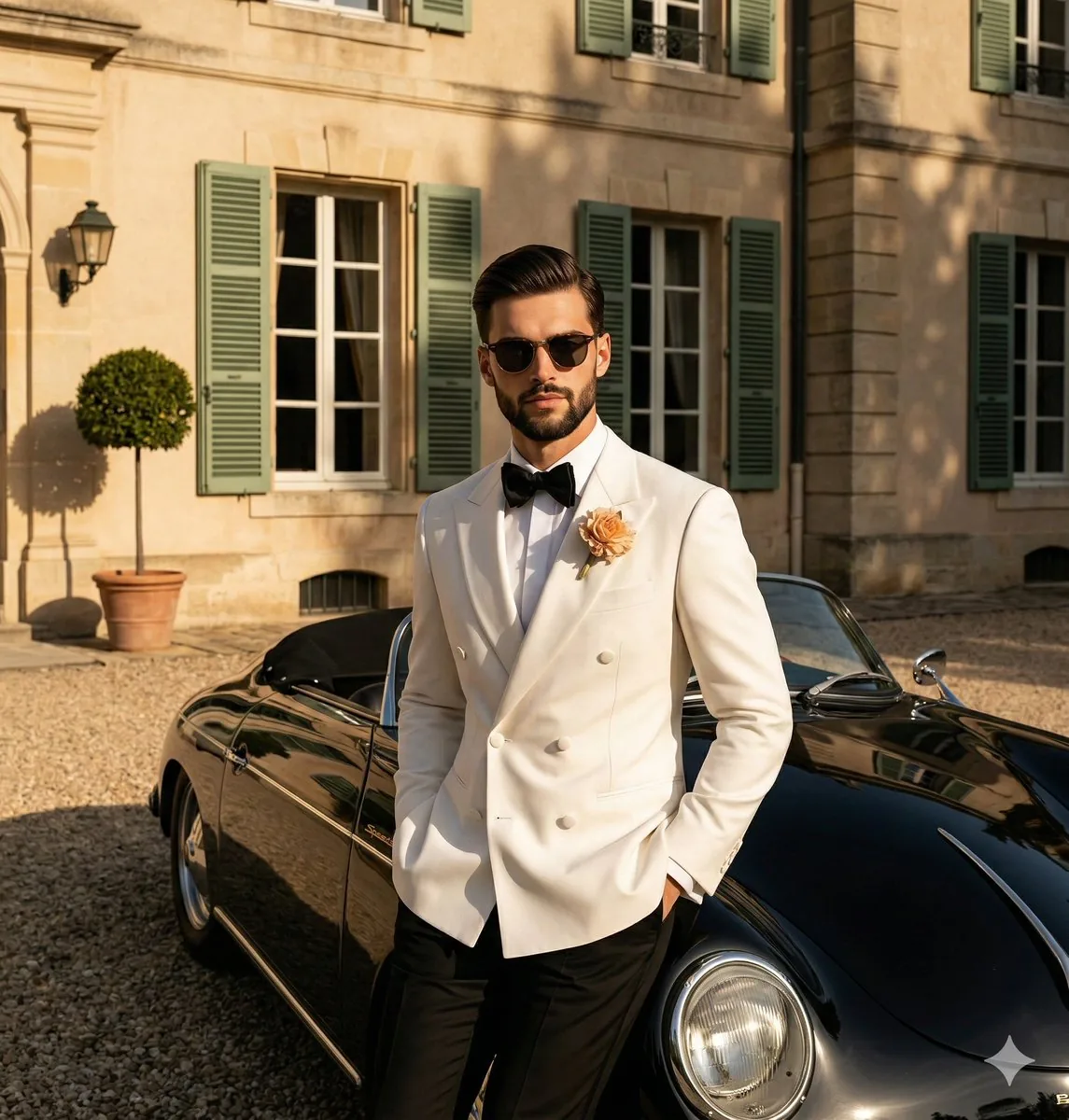 High-Contrast Editorial Portrait Prompt (Car/Tuxedo) - Nano Banana Pro AI Prompt for Social Media Post reference