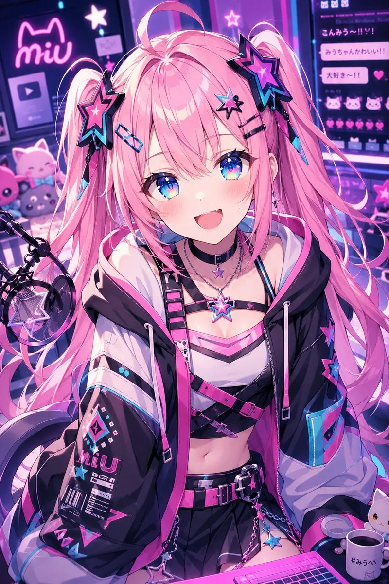 Neon Cyber-Kawaii VTuber Portrait reference