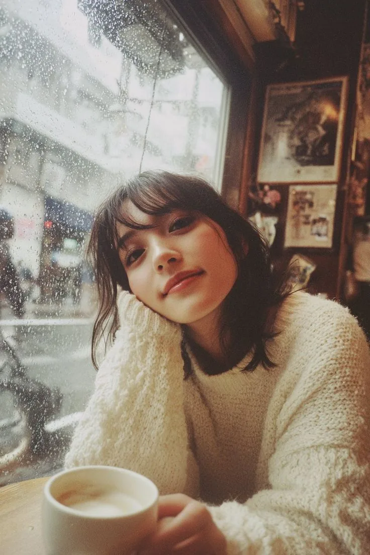 Cozy Rainy Day Café Portrait (Film Aesthetic) - Nano Banana Pro AI Prompt for Social Media Post reference