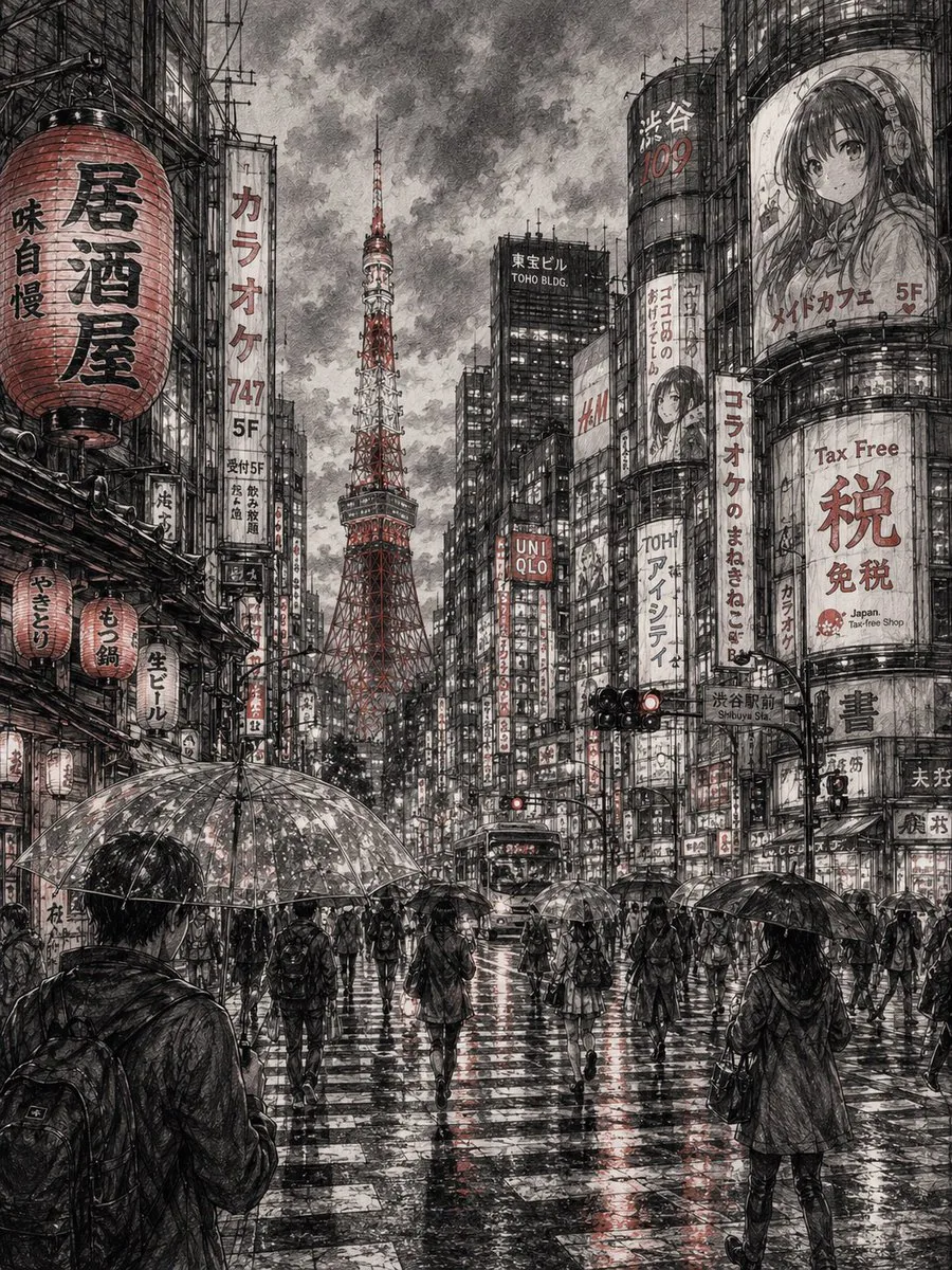 Detailed Cityscape Pencil Sketch reference