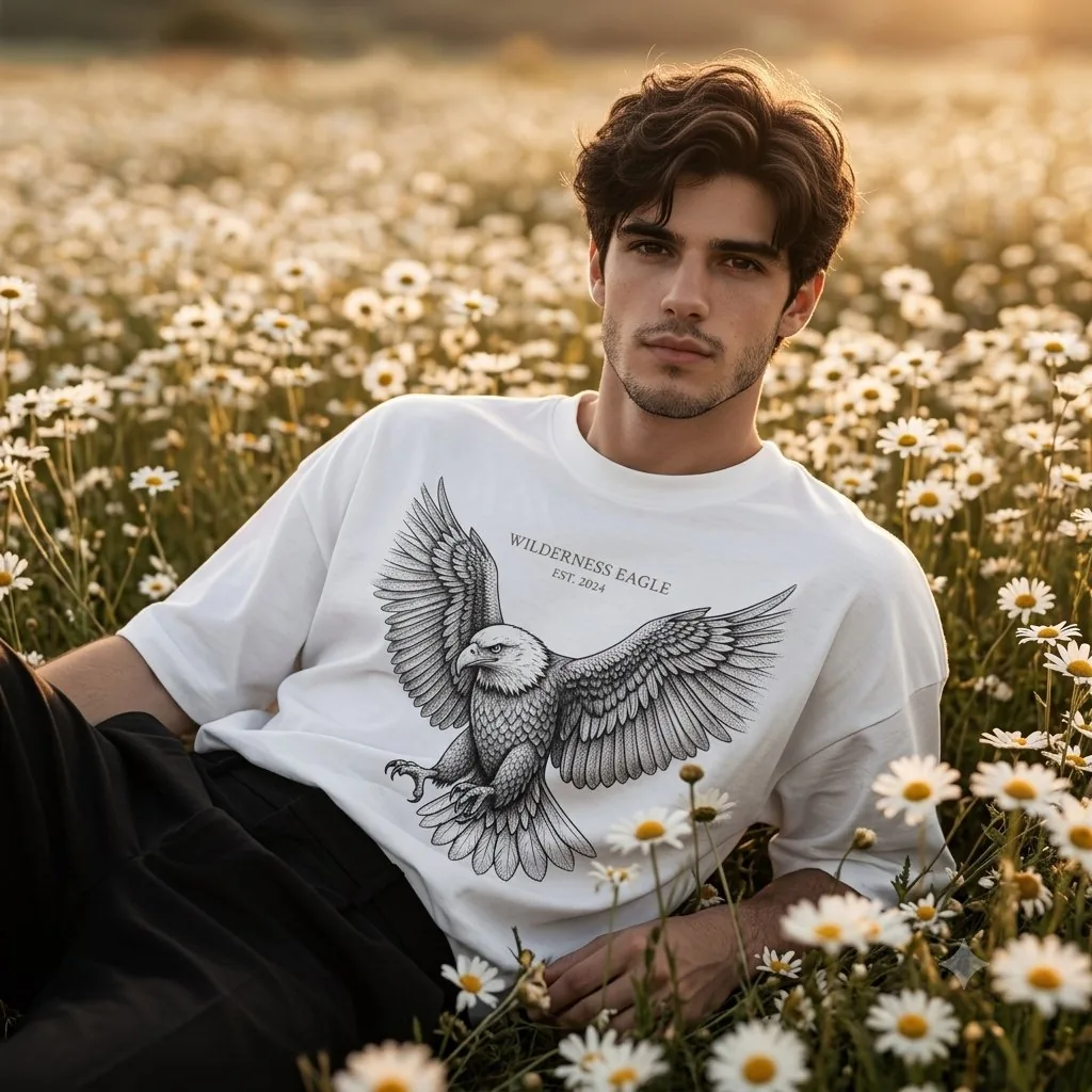 Male Model Streetwear Campaign in Daisy Field - Nano Banana Pro AI Prompt for Product Marketing reference