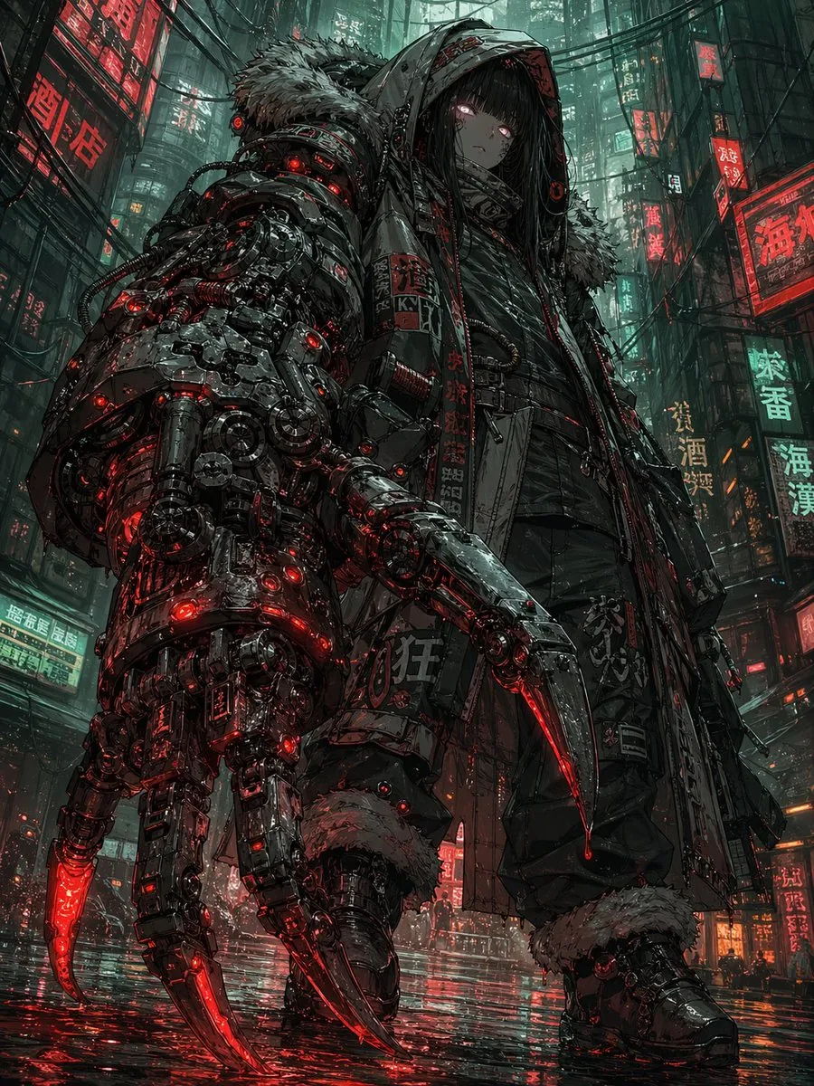 Cyberpunk Girl with Giant Claw Arm reference